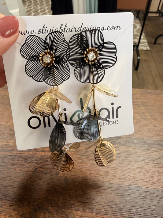 Tiered Flower Studs - Black & Gold